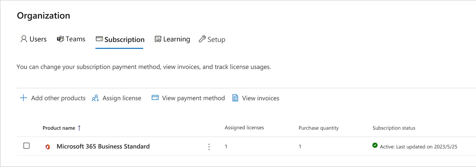Centro de administración de Microsoft 365: suscripción con licencias asignadas