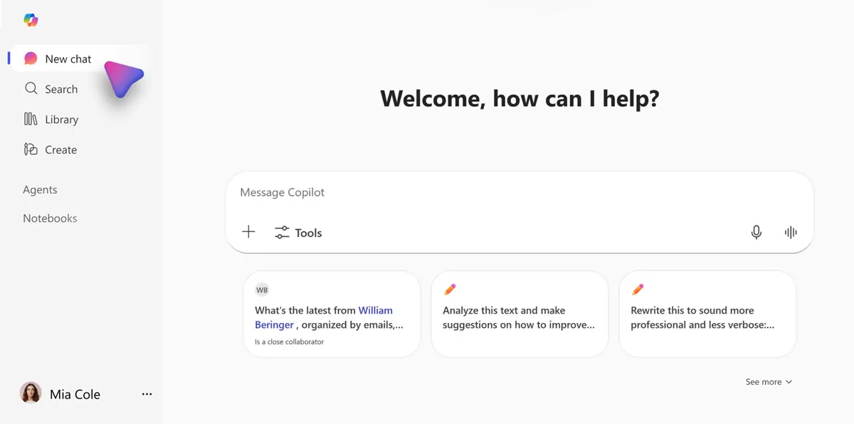 Aplicación de Microsoft 365 Copilot con agentes y cuadernos