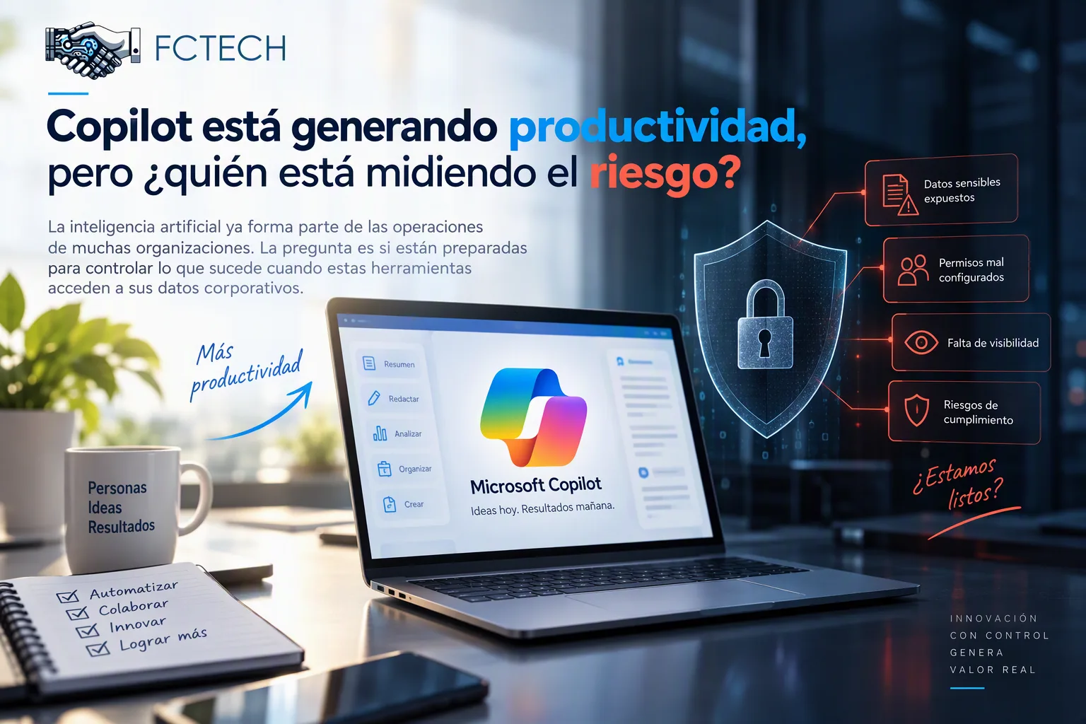 Microsoft Copilot on a laptop next to a shield with risks: exposed sensitive data, misconfigured permissions, lack of visibility and compliance risks