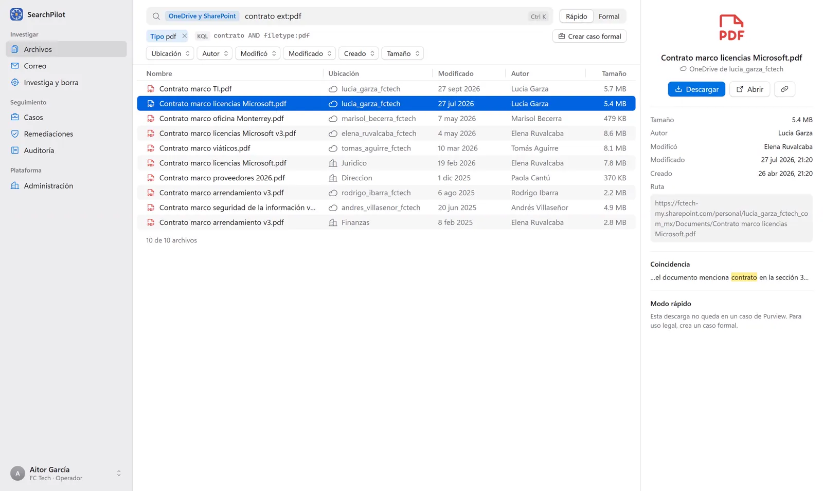 File search in SearchPilot with filters and the KQL query visible
