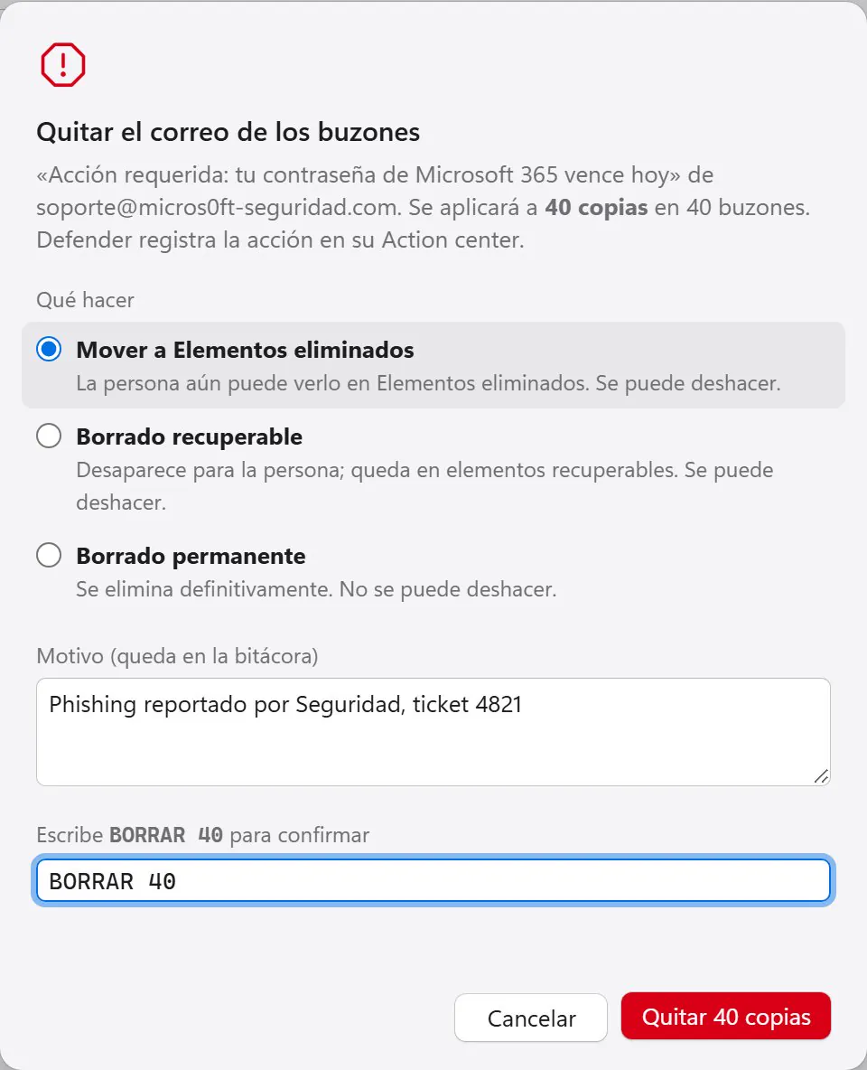 Phishing removal from 40 mailboxes in SearchPilot